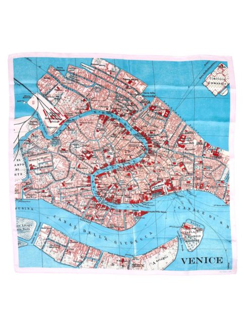 A vintage Venice map print scarf on luxury rolled edge silk.