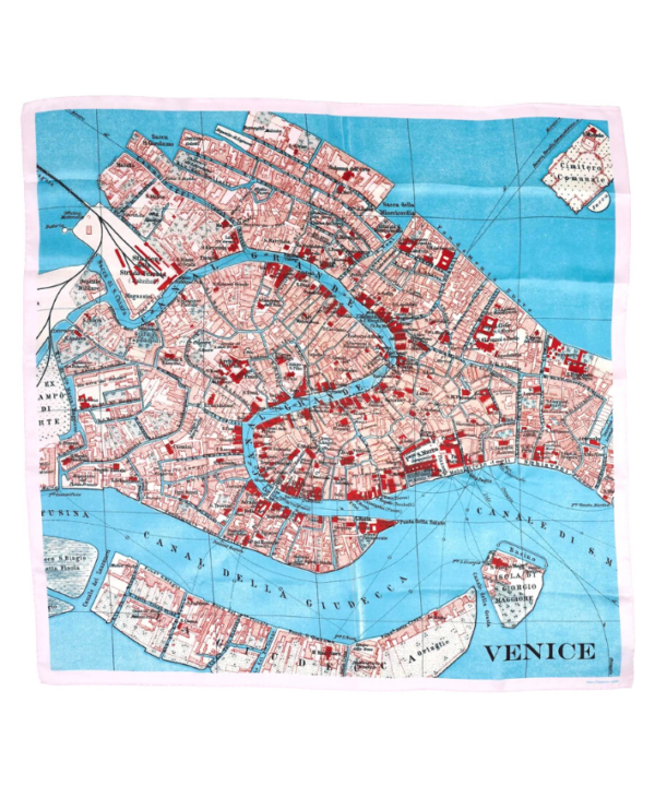 A vintage Venice map print scarf on luxury rolled edge silk.