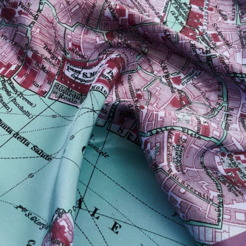 Detail of the vintage Venice map print silk scarf in purple.