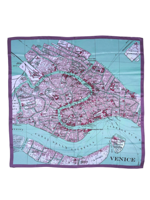 A Venice map print silk scarf in watery blue hues and mauve.