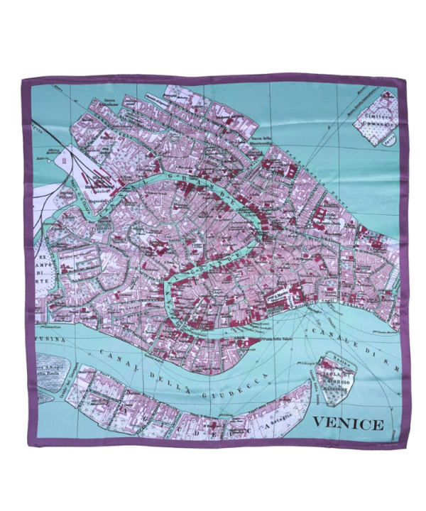 A Venice map print silk scarf in watery blue hues and mauve.