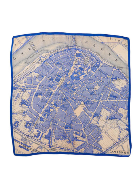 A blue silk map print scarf depicting the southern French city of Avignon.