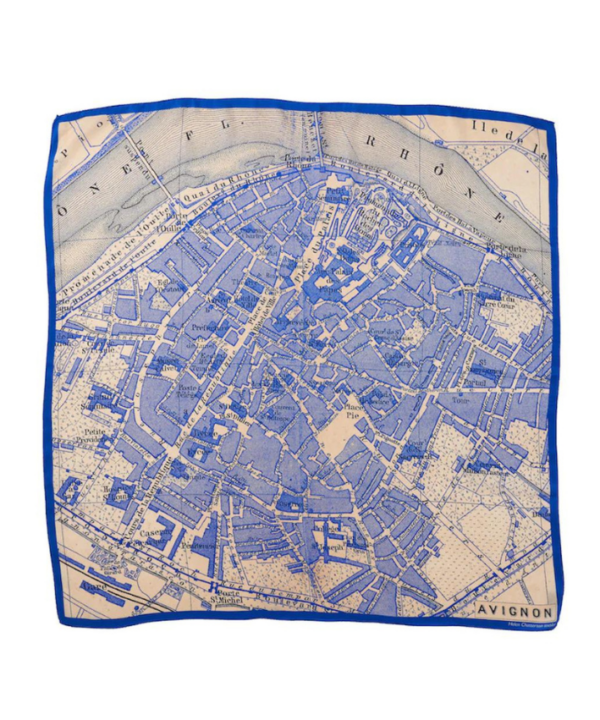 A blue silk map print scarf depicting the southern French city of Avignon.