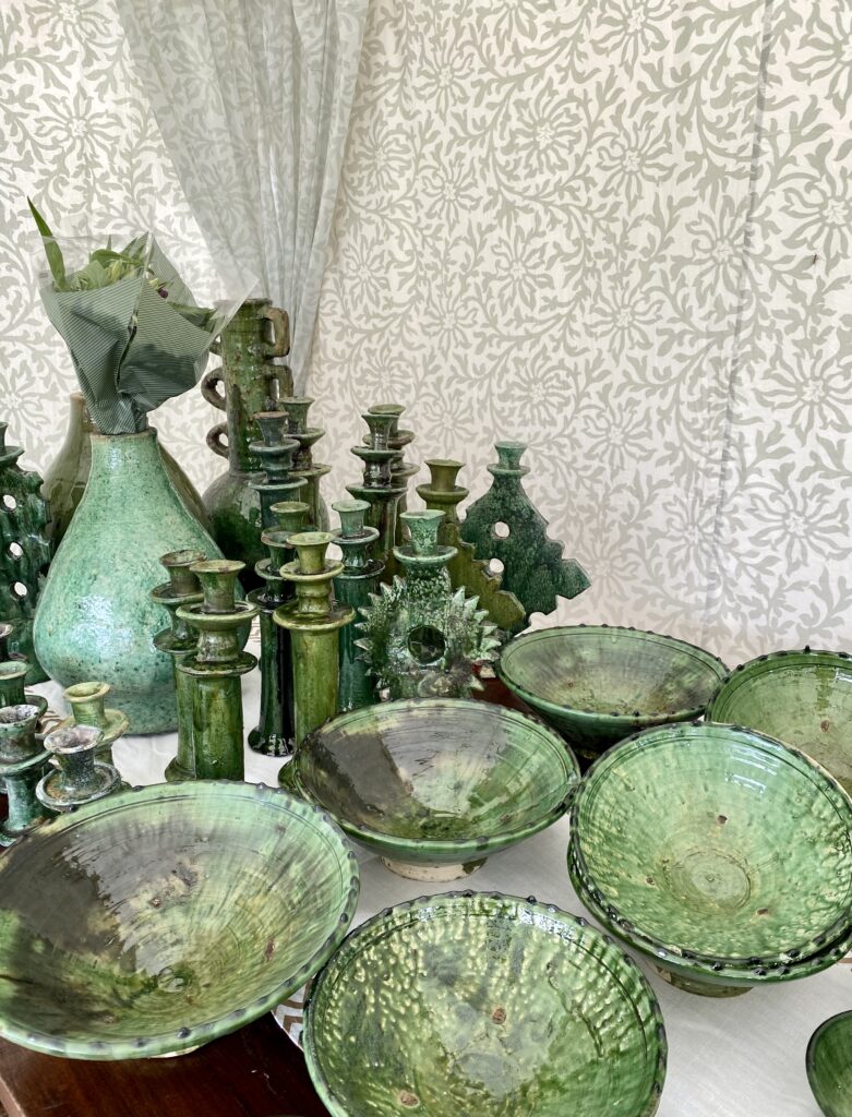 A selection of Moroccan Tamegroute pottery and tableware in its signature green.