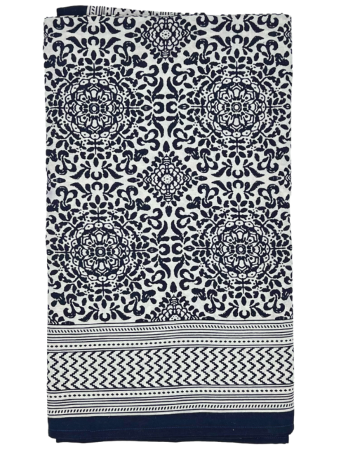 A monochrome Mughal-style, patterned cotton tablecloth with a geometric, zig-zag border.