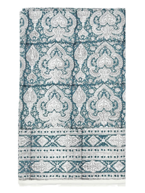 Slate blue, block-print cotton tablecloths with a Mughal style pattern and border.