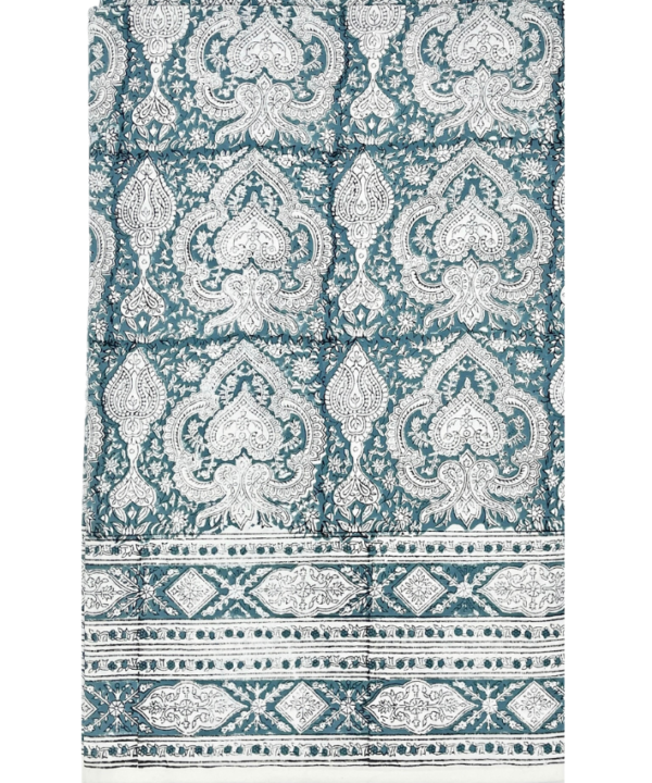 Slate blue, block-print cotton tablecloths with a Mughal style pattern and border.