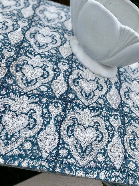 Note the Mughal-style motifs on this pretty, slate blue, block-print cotton tablecloth.