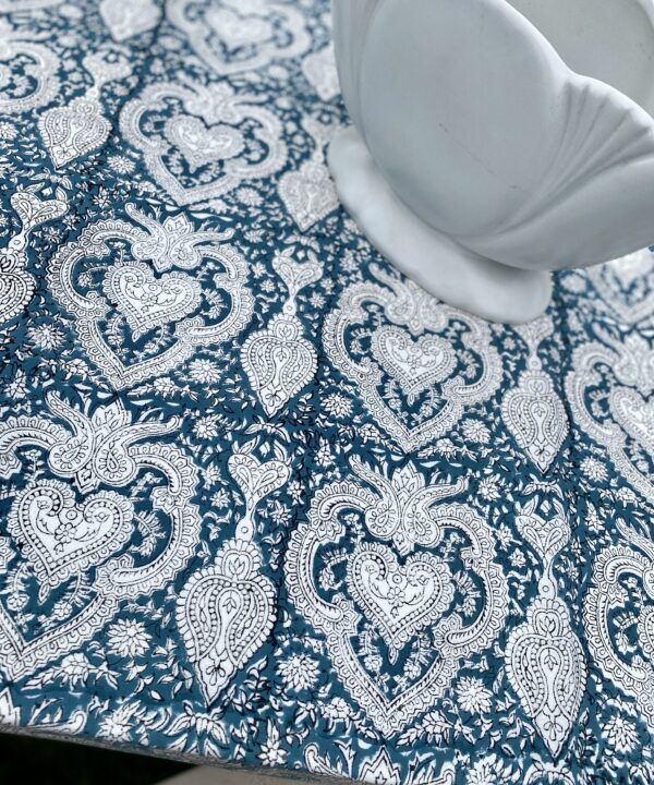 Note the Mughal-style motifs on this pretty, slate blue, block-print cotton tablecloth.