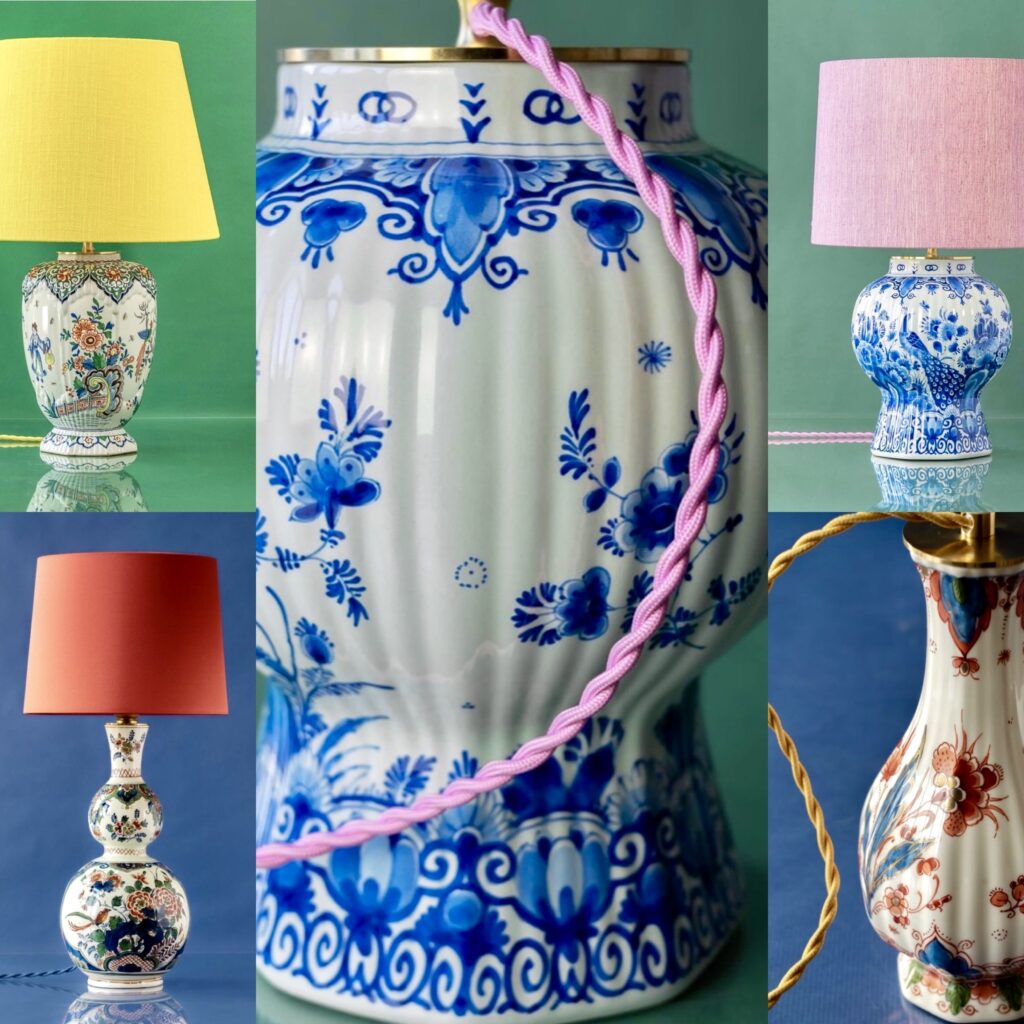 A selection of beautiful Delft ceramics converted into elegant, modern lamps by Amitabha Studio.