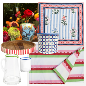 A summer table mood board design in bright, jewel-like colours including glassware, table linens, a tray and flower pots.