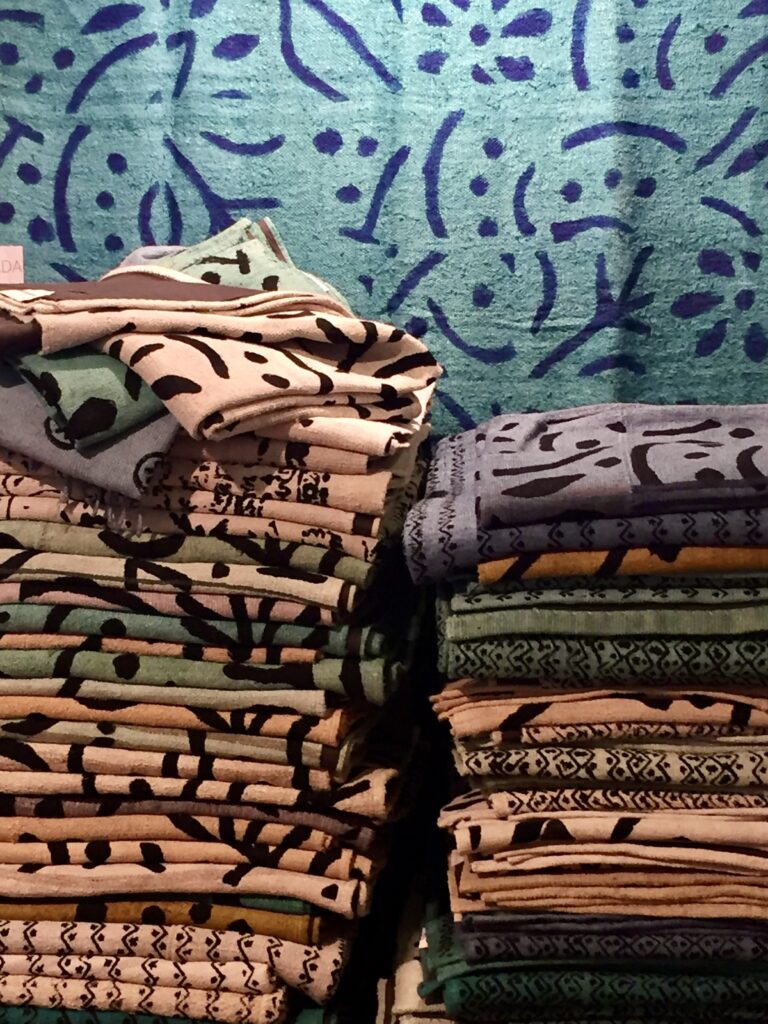 A pile of printed, cotton rugs by Ada Kilims in Paris.