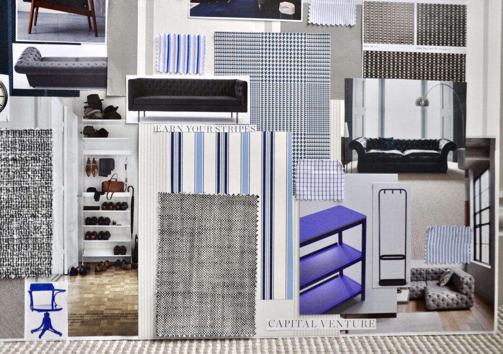 An interior mood board for an office design scheme featuring blue and monochrome stripes and checks.