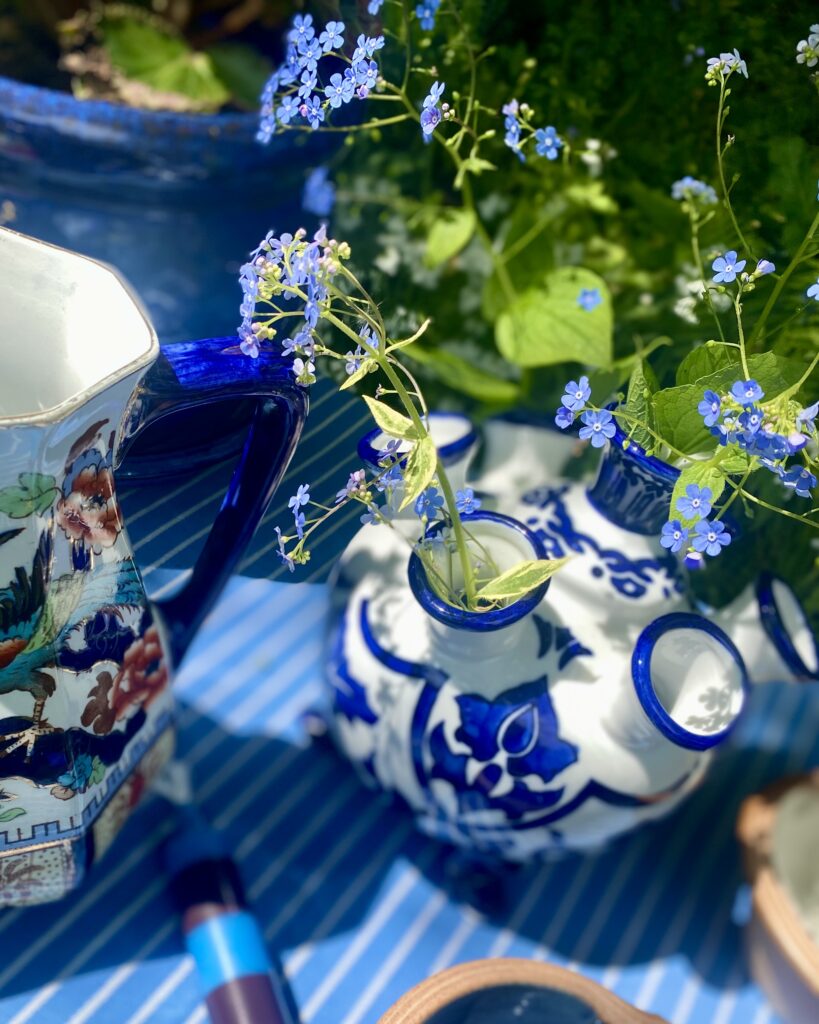 A Dutch tulip vase filled with wild forget-me-nots on an outdoor table with a blue and white striped tablecloth and assorted vintage china jugs.