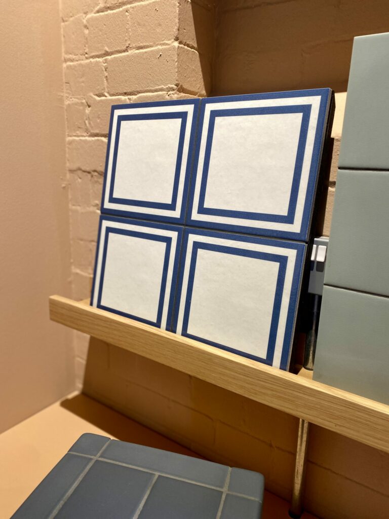 Geometric blue and white square tiles at the Domus Tiles showroom in Clerkenwell, London.