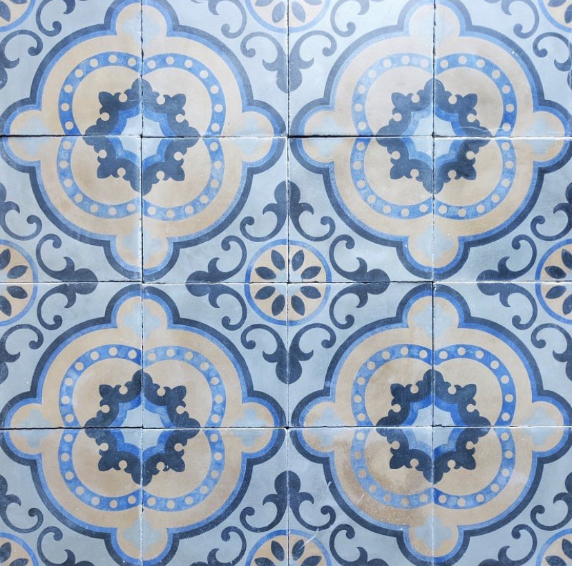 Vintage, Spanish blue and putty-coloured tiles with a Moorish style pattern.