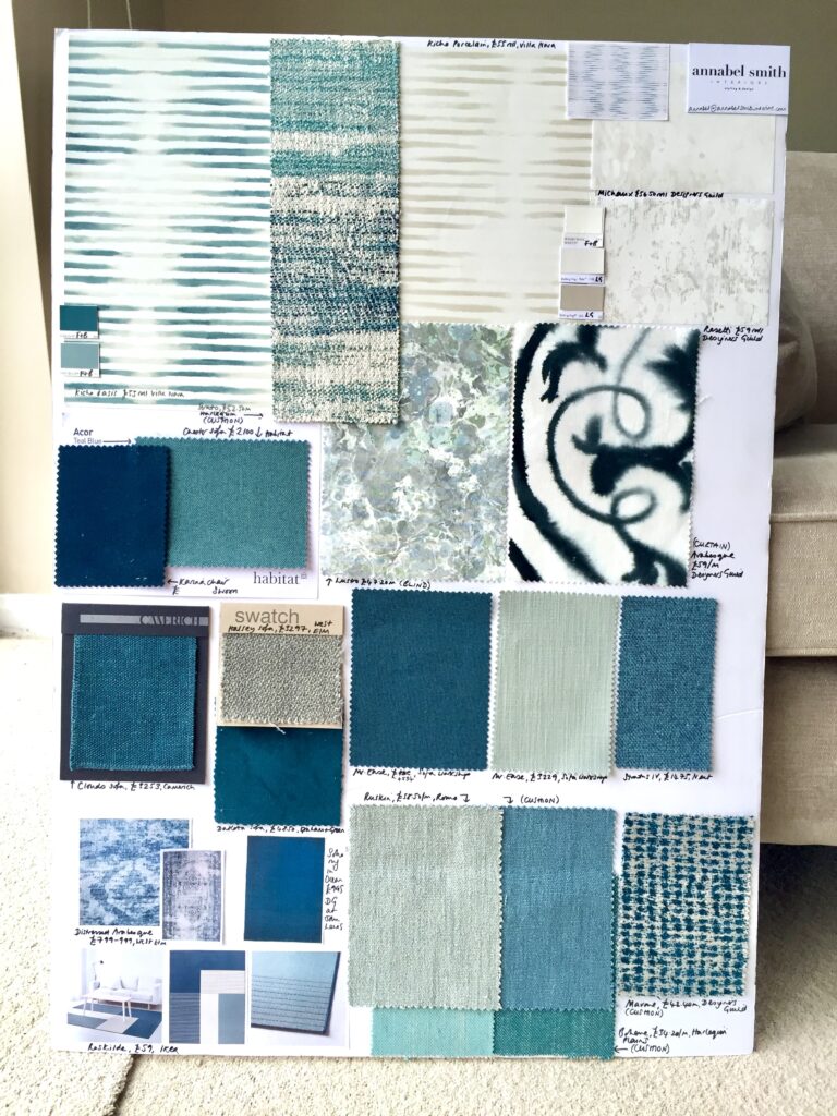 A interior design moodboard featuring an array of fabric swatched in teal, jade and eau-de-nil blues.