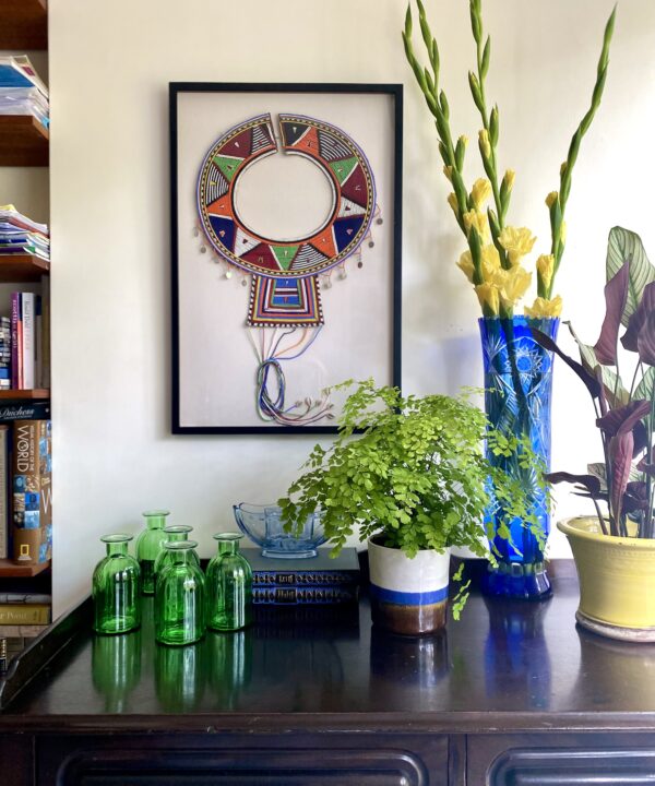 An interior vignette for a dining room inspired by the bold colours of Kenyan Maasai beadwork.