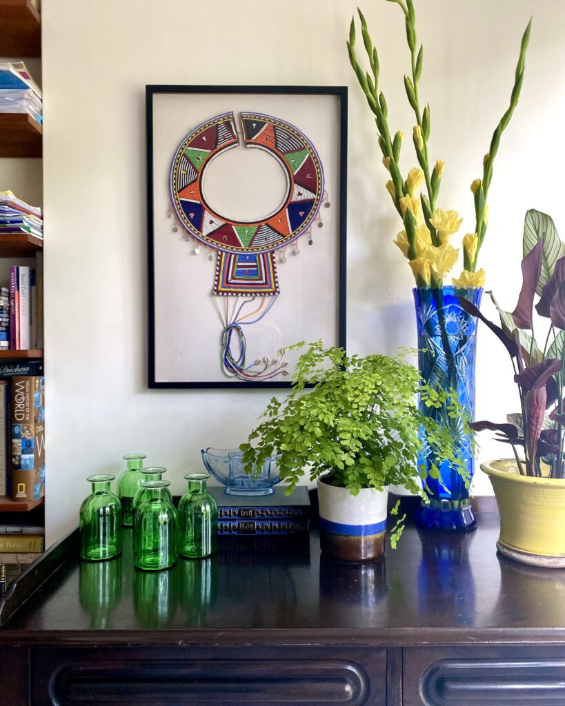 An interior vignette for a dining room inspired by the bold colours of Kenyan Maasai beadwork.