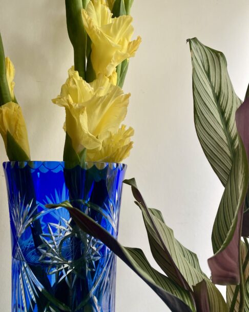 Detail of the rim if a tall, Royal blue, cut glass vase filled with yellow Gladioli.