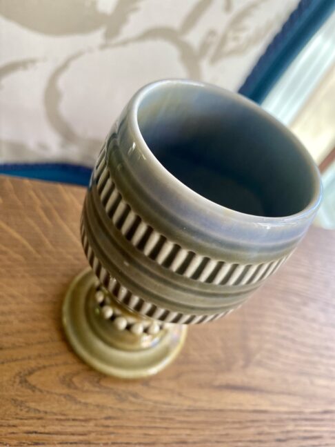 A handmade Wade Irish pottery goblet seen from above.