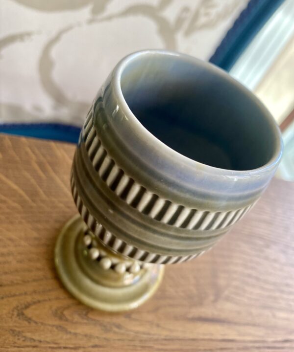 A handmade Wade Irish pottery goblet seen from above.