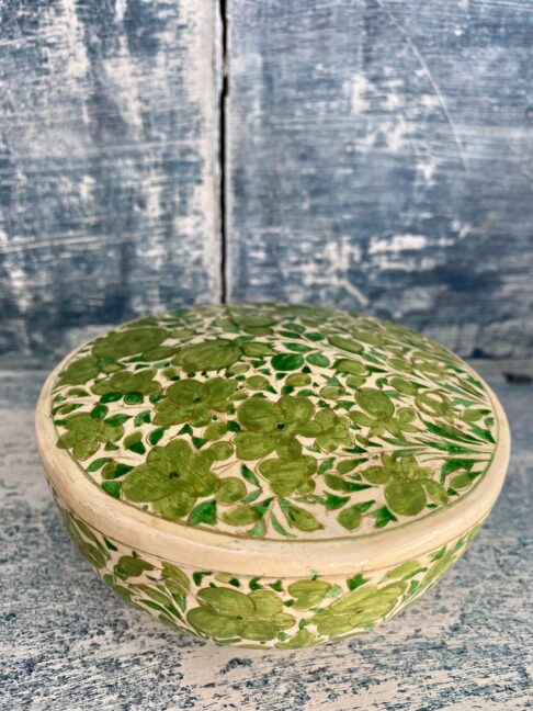 Lime green hand-painted floral décor on a pretty papier mâché.