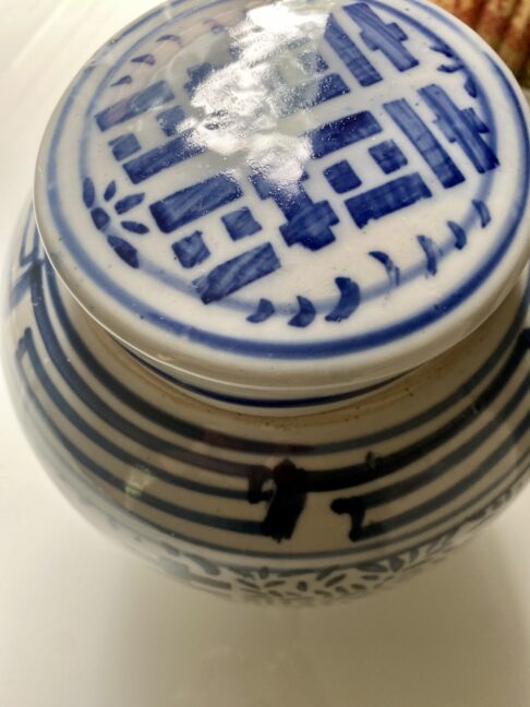 Close-up detail on a blue and white Chinese pot with lid.