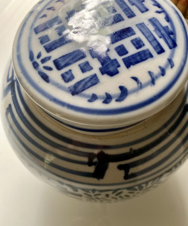 Close-up detail on a blue and white Chinese pot with lid.