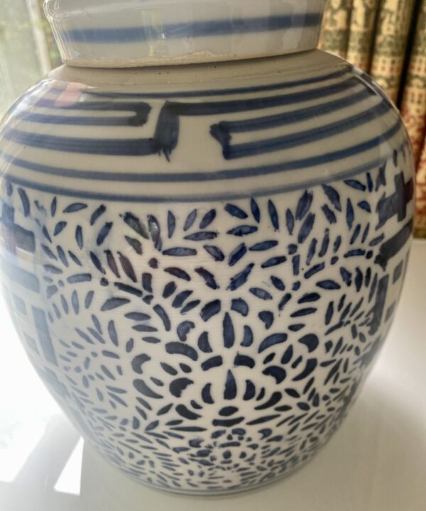 Vintage Chinese pot with lid and blue and white decorative pattern.
