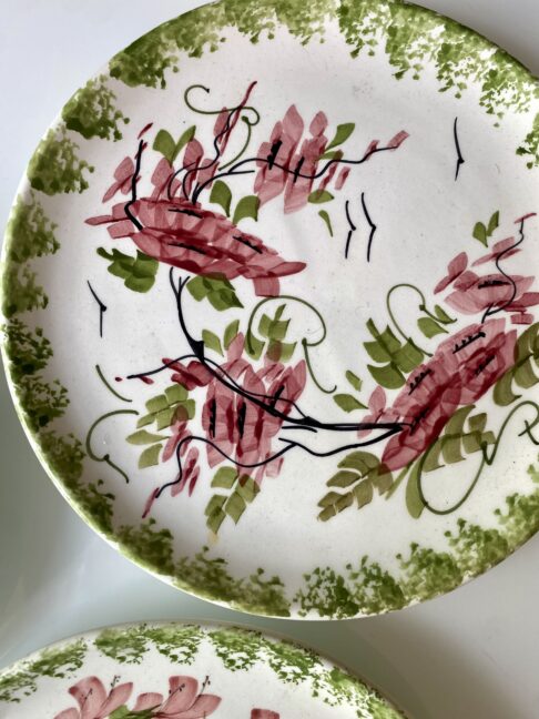 Red flowers and green foliage hand-painted on a plate.