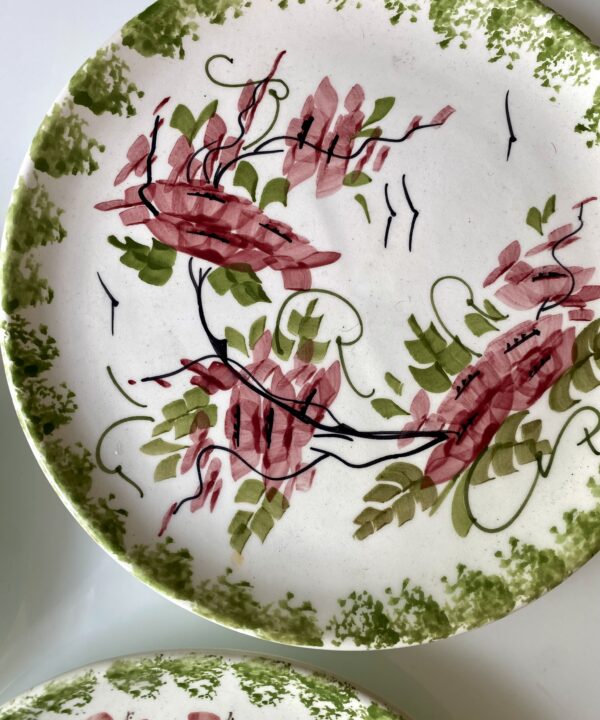 Red flowers and green foliage hand-painted on a plate.