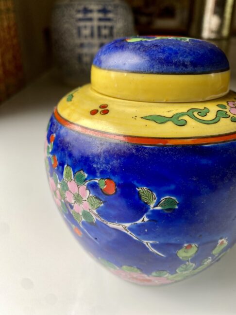 Blue, yellow and green primary colours on vintage Japanese pottery.