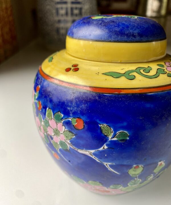 Blue, yellow and green primary colours on vintage Japanese pottery.