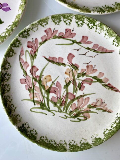 Pretty salmon pink flowers and green leaves on a hand-painted wall plate.