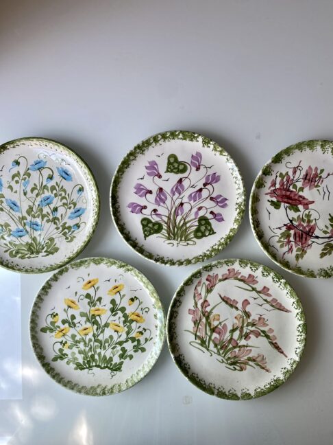 A set of five vintage wall plates with hand-painted botanical designs.