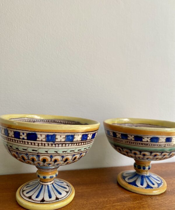 Handmade Italian ceramic dishes in blue and yellow.