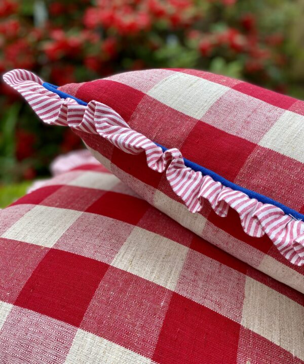 Large red check cushions with a striped ruffle and blue piping.