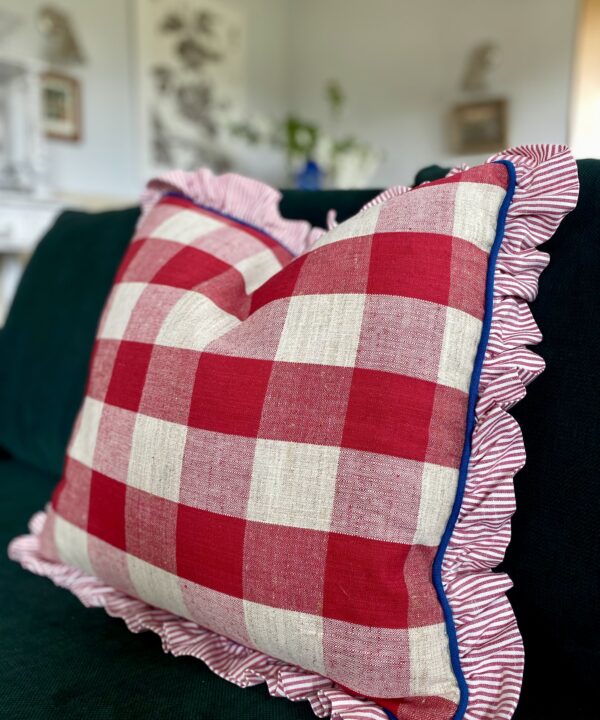 Luxury red check cushions with frills in vintage French linen