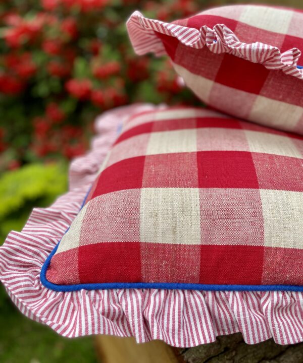 Frilled cushions in red check with blue piping.