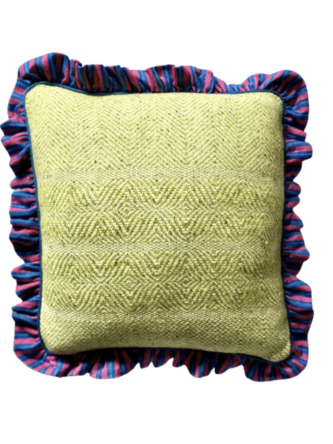 Donegal tweed linen cushions with an Irish linen frilled trim in pink and blue stripe.