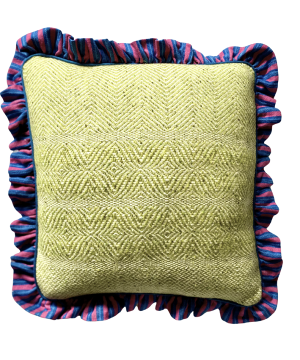 Donegal tweed linen cushions with an Irish linen frilled trim in pink and blue stripe.