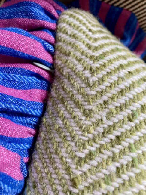 Handwoven Donegal tweed cushion with Irish linen frill.