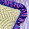 Luxury Donegal tweed cushions in lime green with a striped, Irish linen frill.