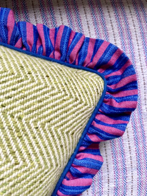 Luxury Donegal tweed cushions in lime green with a striped, Irish linen frill.