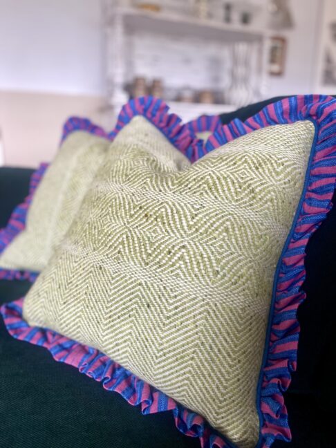 Irish tweed cushions with a linen ruffle.
