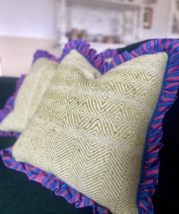 Irish tweed cushions with a linen ruffle.