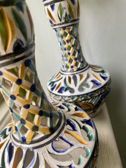 Pretty yellow, green and blue vases.