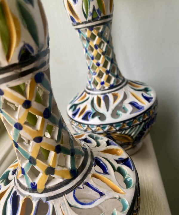 Pretty yellow, green and blue vases.