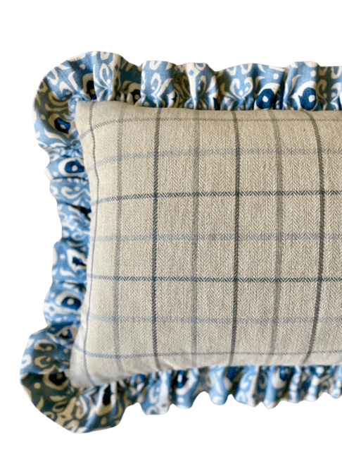 Frilled check rectangular cushion with hand-printed Iznik design and checked reverse in pale blues and creams.